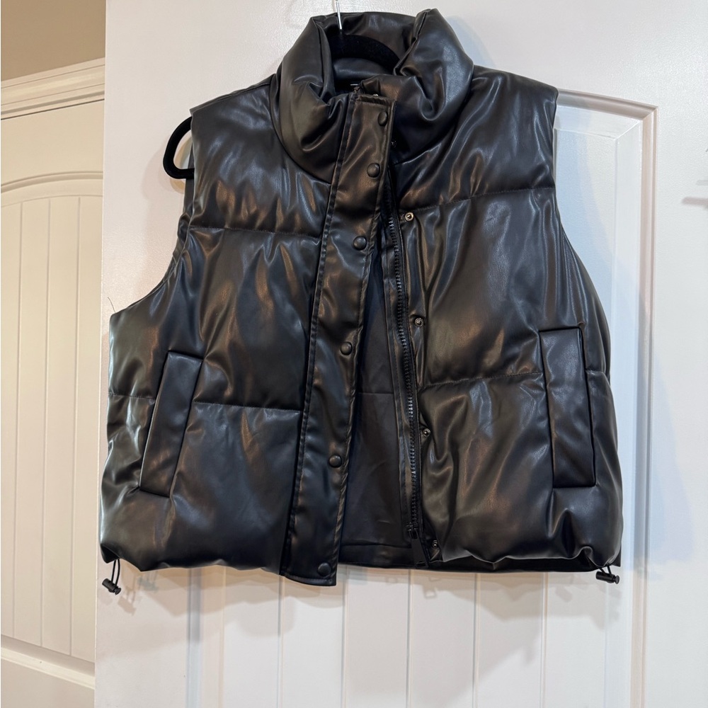 Black Quilted Faux-Leather Puffer Vest - Women
